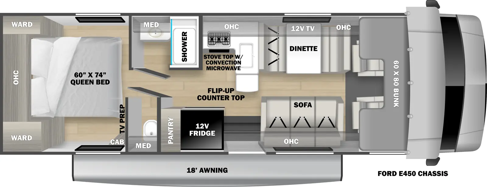 The Forester LE 2951LE floorplan has one entry and zero slide outs. Interiors features include: rear bedroom, bunk over cab and dinette.